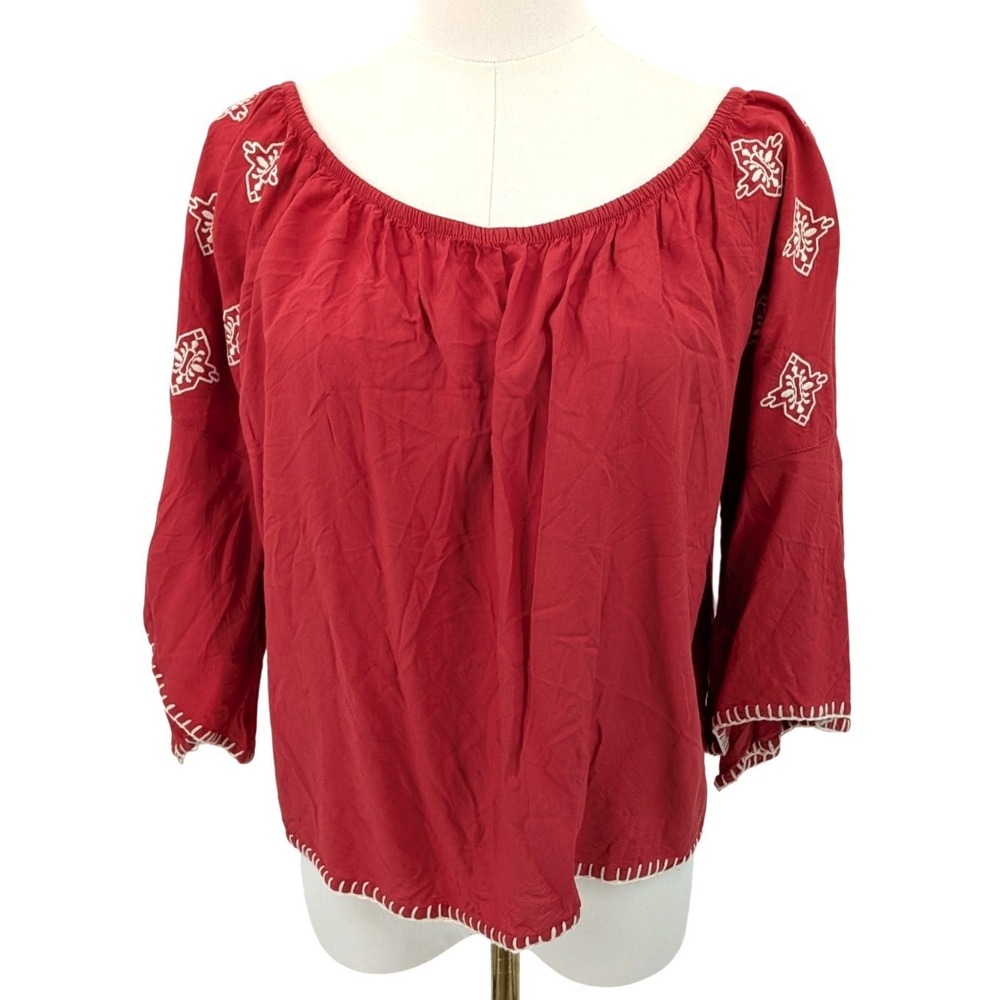 Western Boho Embroidered Crop Blouse Red Ariat‎ Size M Rayon Peasant Top